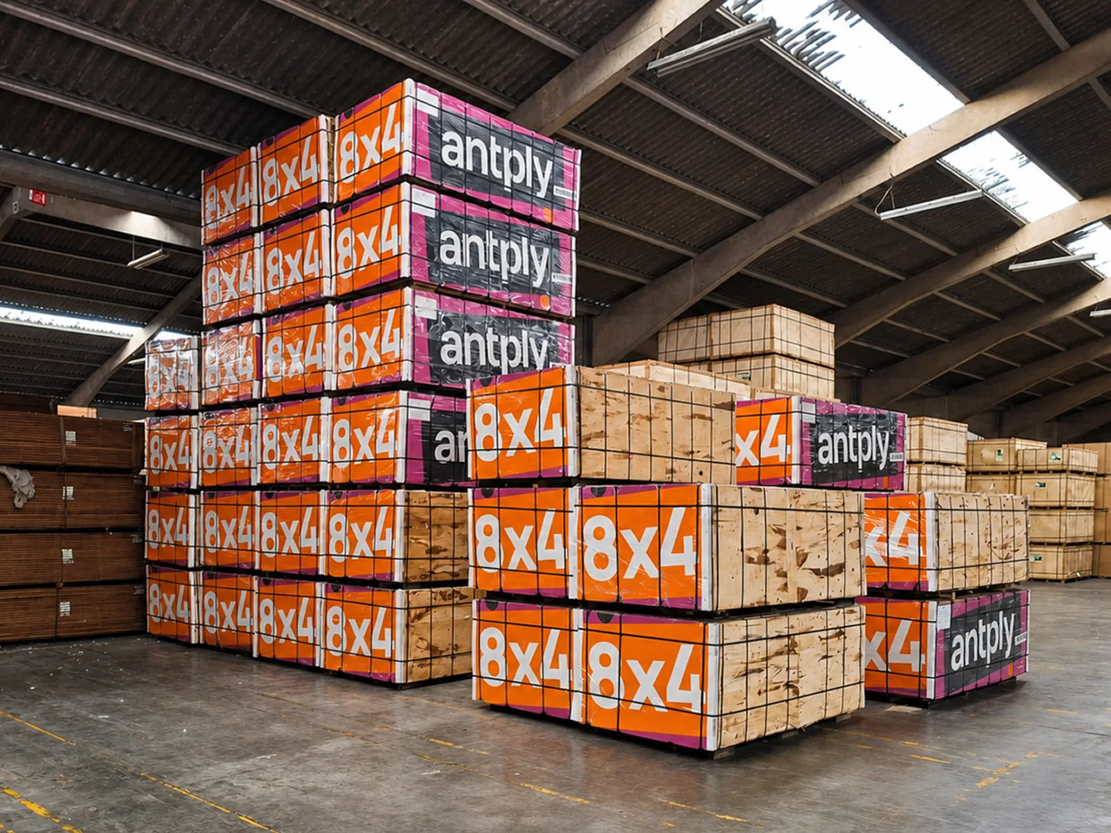 ANTPLY-branded 8x4 birch plywood packs, steel-banded and marked, stacked in a distribution warehouse